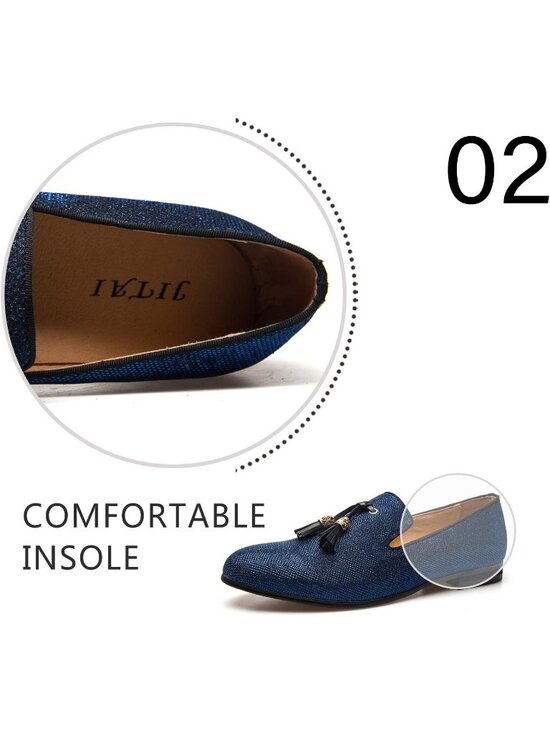 JITAI Men\'s Blue10 Velvet Tassel Loafers Embroidery Slip On Block Heel Shoes main image 6